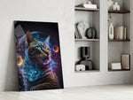 Moon Cat glass print enhancing an office with cinematic mood