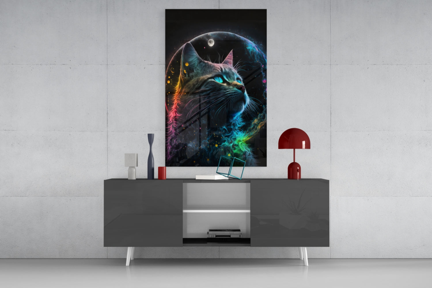 Moon Cat Glass Wall Art  || Designer Collection | Insigne Art Design.