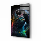 Moon Cat glass wall art displayed above a desk in a kids room with rainbow LED accents