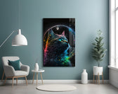 Moon Cat glass wall art styled above a console in a teen lounge
