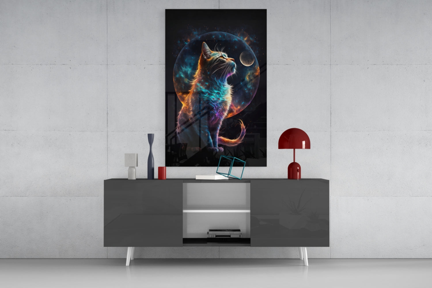 Moon Cat Glass Wall Art  || Designer Collection | Insigne Art Design.