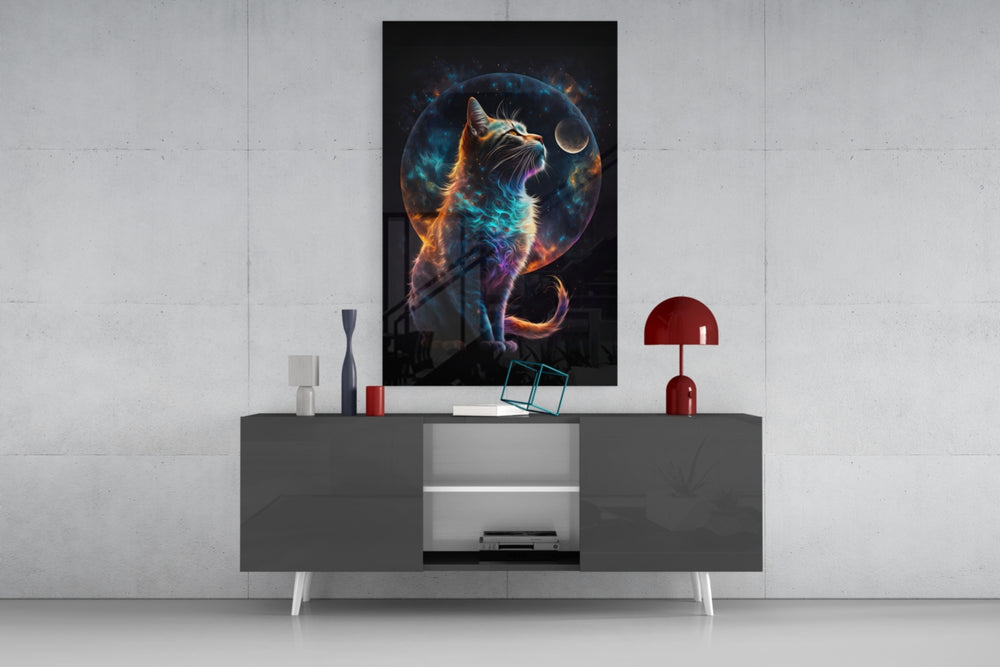 Moon Cat panel catching window light to reveal its kinetic gravity