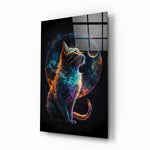 Moon Cat glass wall art displayed above a desk in a kids room with ember and teal LED accents