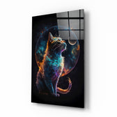 Moon Cat glass wall art displayed above a desk in a kids room with ember and teal LED accents
