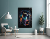 Moon Cat glass wall art styled above a console in a living room