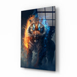 Flaming Nobility glass wall art displayed above a black leather sectional in a moody man cave with brass sconces