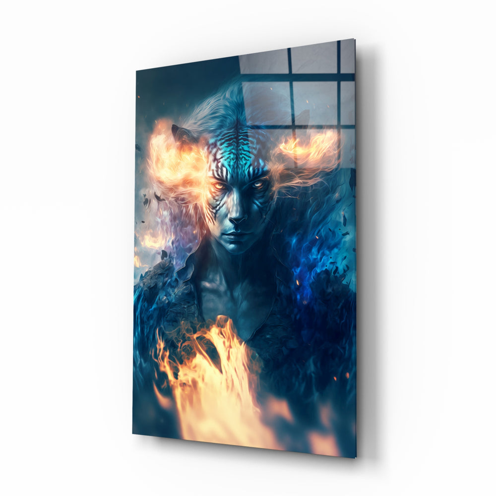 Epic Tiger glass wall art displayed above a black leather sectional in a moody man cave with brass sconces