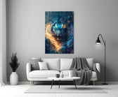 Flaming Anger close-up showing roaring blue tiger amid ember-orange and azure flame