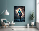 Vitruvius Man glass wall art styled above a console in a hallway