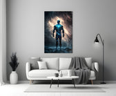 Vitruvius Man close-up showing cosmic figure silhouetted against spiral nebula
