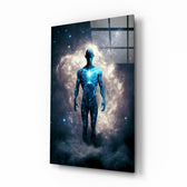 Vitruvius Man glass wall art displayed above a walnut headboard in a serene bedroom with linen drapes