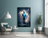 Vitruvius Man glass wall art styled above a console in a hallway