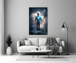 Vitruvius Man close-up showing cosmic figure above misted clouds with sapphire chest