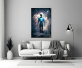 Vitruvius Man close-up showing cosmic figure above misted clouds with sapphire chest