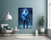 Vitruvius Man glass wall art styled above a console in a hallway