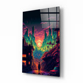 Walk to the New Life glass wall art displayed above a desk in a kids room with magenta and teal LED accents
