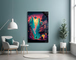 Dream of a New Life glass wall art styled above a console in a gaming room