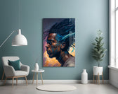 Roy Woods glass wall art styled above a desk in a music room