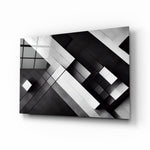 Cubic glass wall art displayed above a walnut sideboard in a contemporary dining room