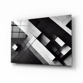 Cubic glass wall art displayed above a walnut sideboard in a contemporary dining room