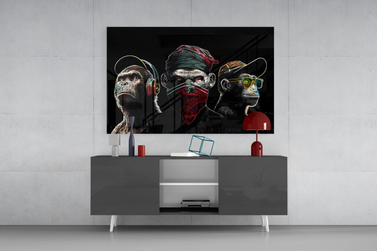 3 Wise Monkeys - Neon Lines Glass Wall Art  || Designer Collection | Insigne Art Design.