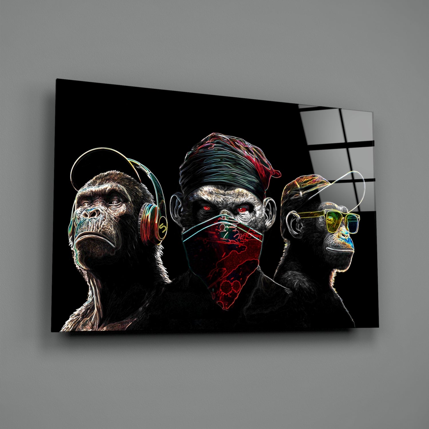 3 Wise Monkeys - Neon Lines Glass Wall Art  || Designer Collection | Insigne Art Design.
