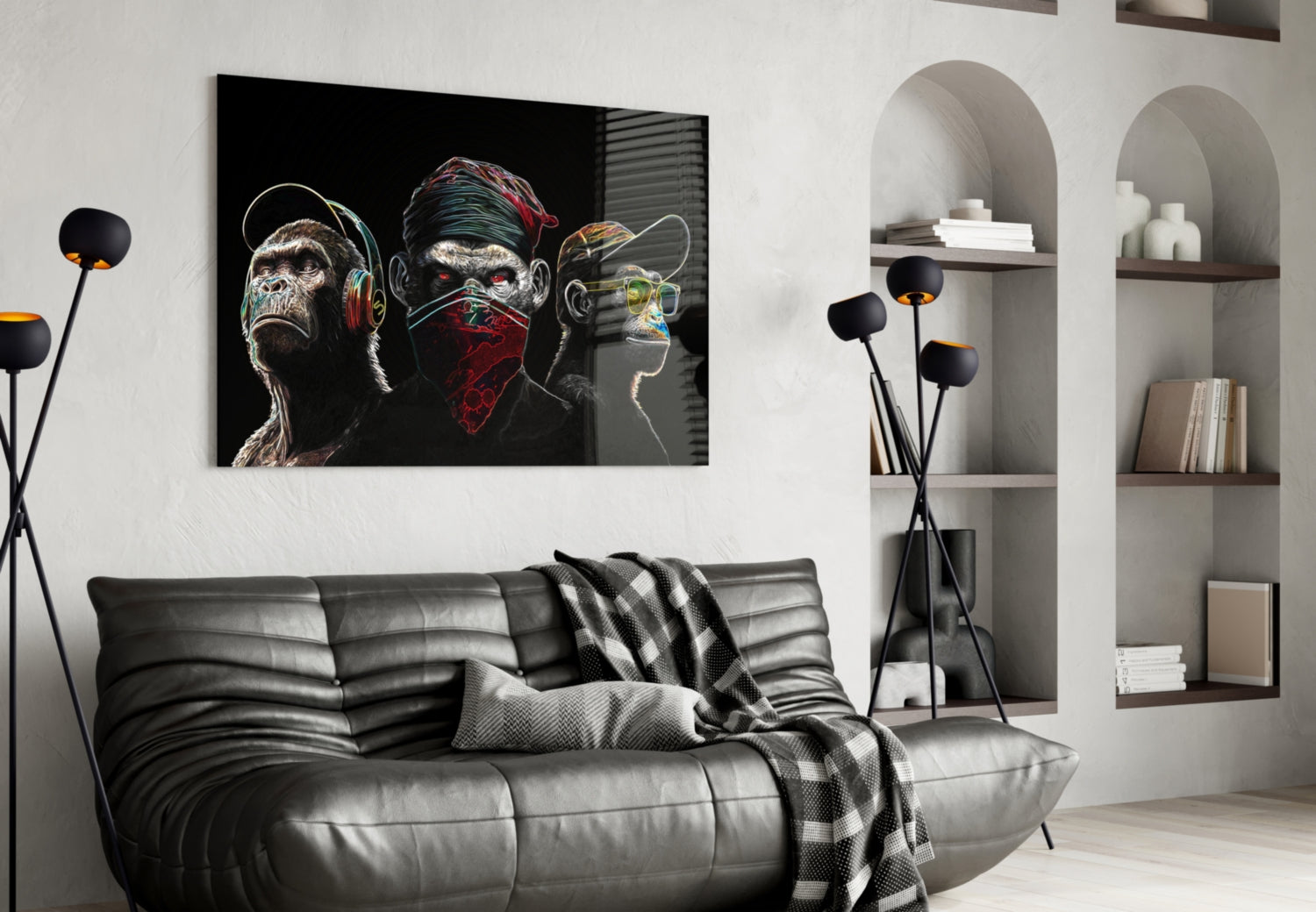 3 Wise Monkeys - Neon Lines Glass Wall Art  || Designer Collection | Insigne Art Design.