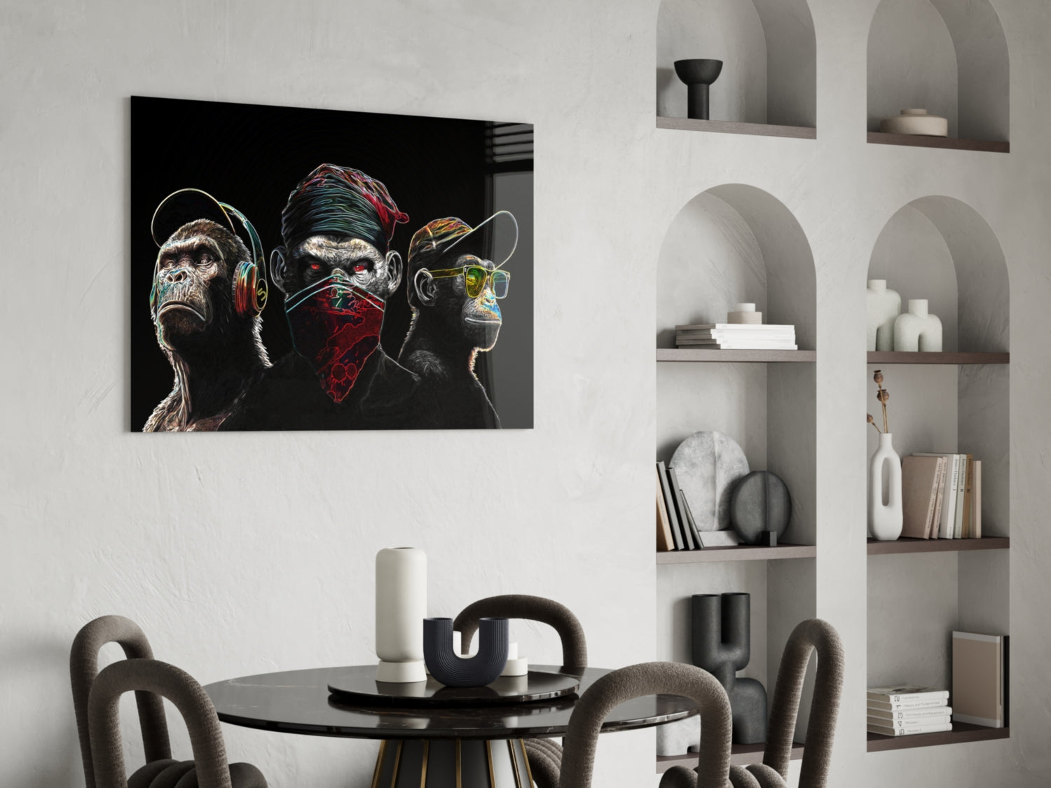 3 Wise Monkeys - Neon Lines Glass Wall Art  || Designer Collection | Insigne Art Design.