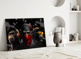 3 Wise Monkeys close-up showing three gangster apes amid grunge ink-spatter