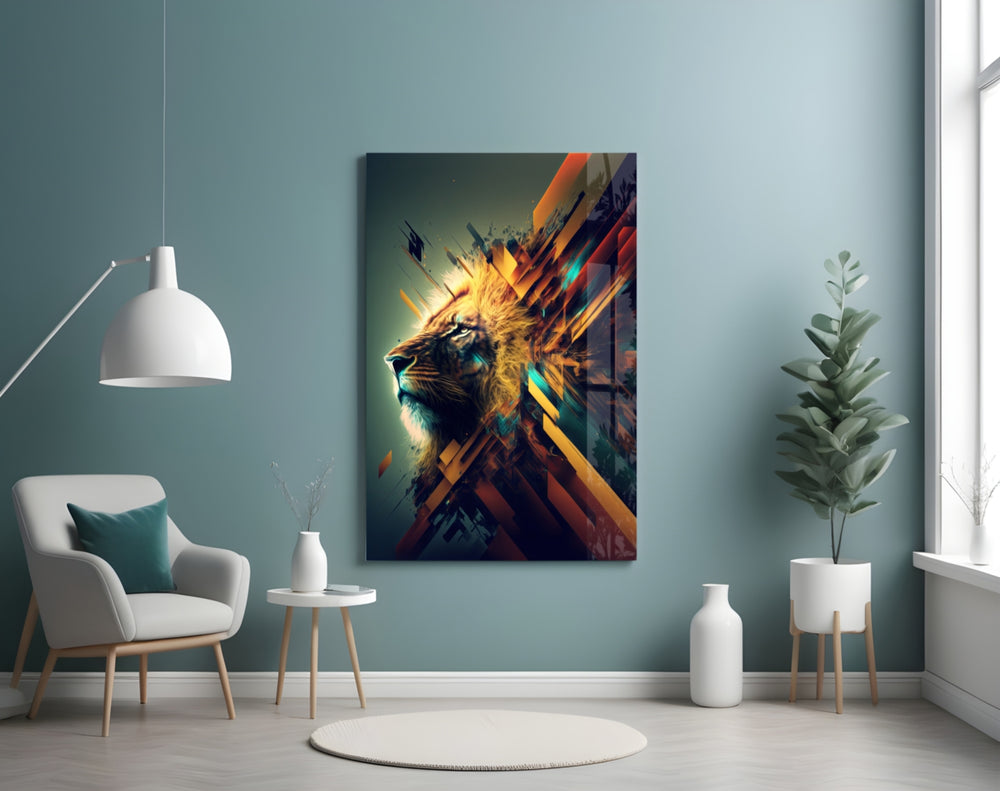 Lion King glass wall art styled above a desk in an office