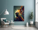 Lion King glass wall art styled above a desk in an office