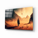 Walk on Another Planet glass wall art displayed above a walnut sideboard in a moody man cave with brass sconces