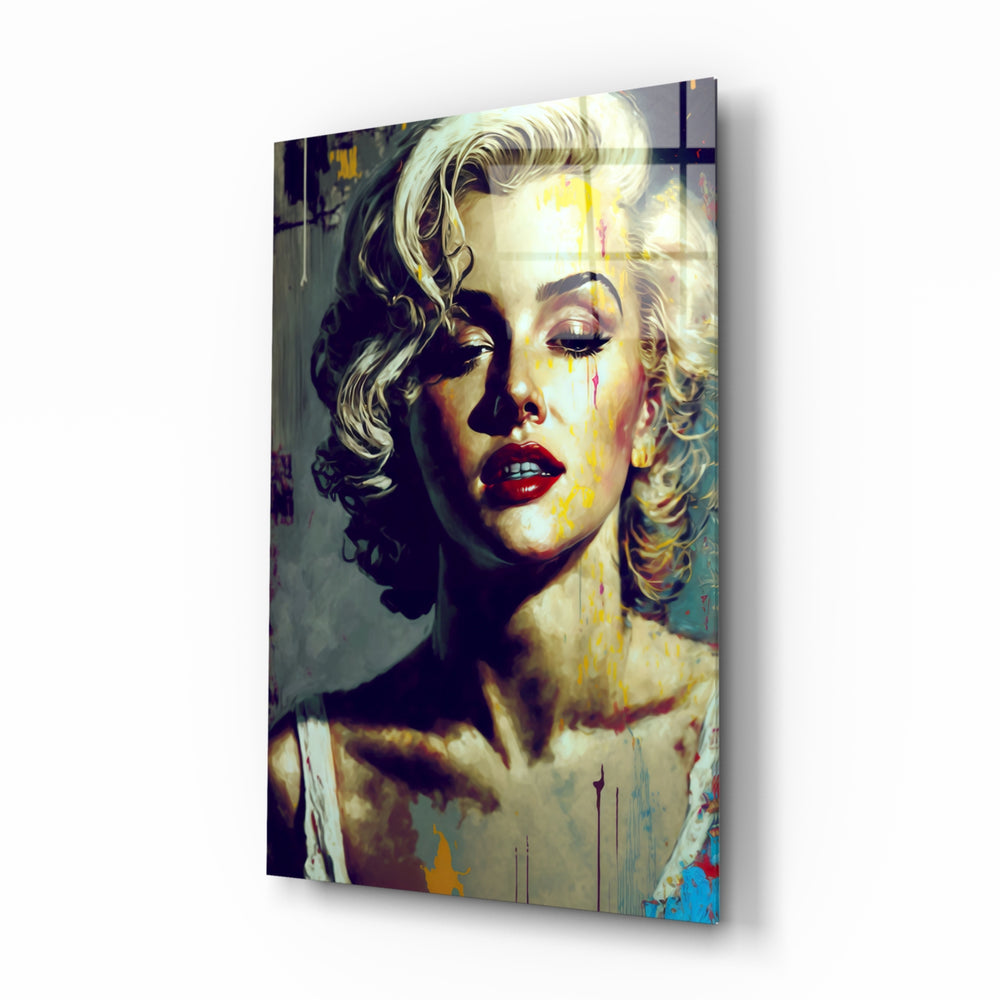 Marilyn Monroe glass wall art displayed above a walnut headboard in a serene bedroom with linen drapes and a brass lamp