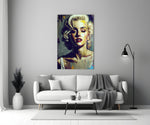 Marilyn Monroe close-up showing golden curls with saffron paint drips