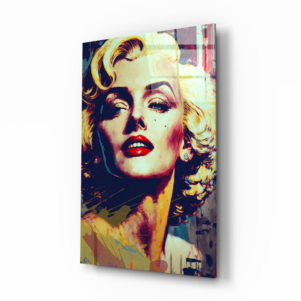Marilyn Glamour glass wall art displayed above a velvet sofa in a moody living room with brass sconces