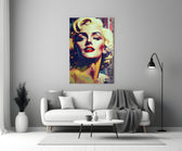 Marilyn Glamour close-up showing blond curls and scarlet lips with dripping color