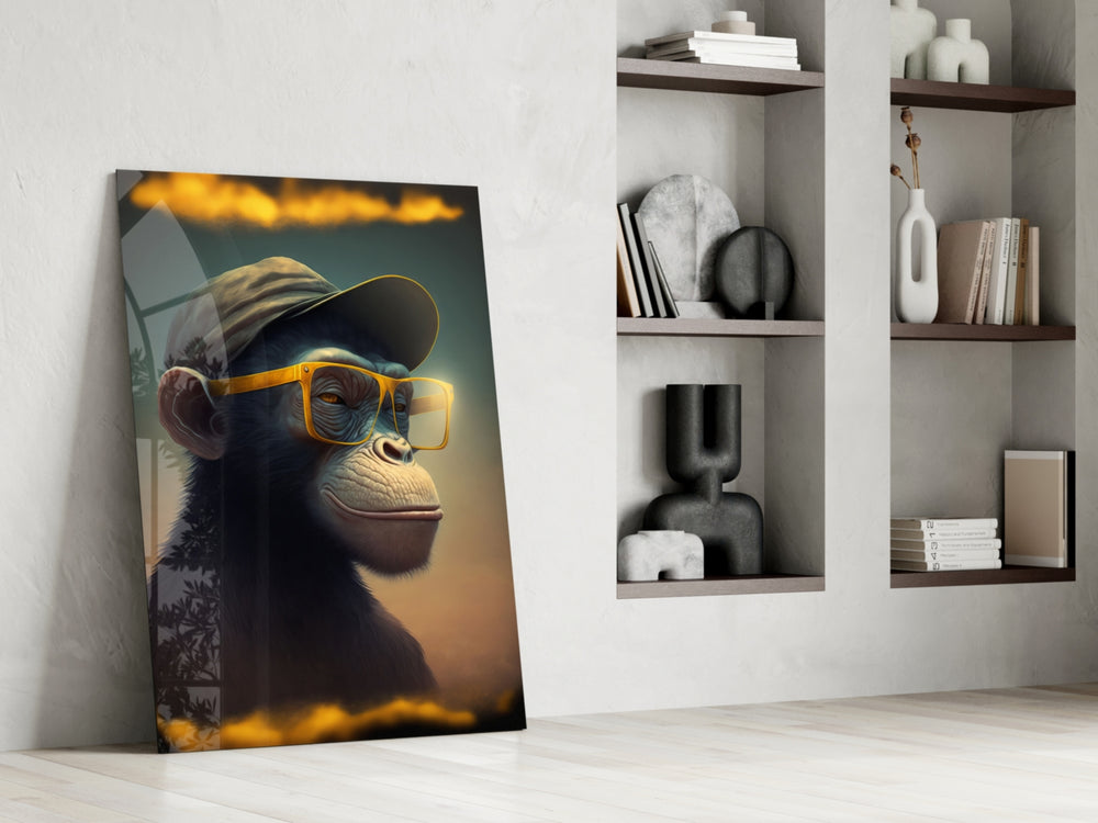Wise Monkey glass print enhancing a library with cinematic mood