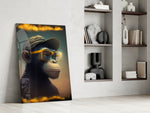 Wise Monkey glass print enhancing a library with cinematic mood