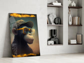 Wise Monkey glass print enhancing a library with cinematic mood