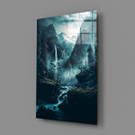 Atmospheric-landscape panel bringing meditative cool to a contemporary bathroom