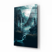 Dreamtopia glass wall art displayed above a linen bed in a serene bedroom with rattan accents