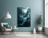 Dreamtopia glass wall art styled above a console in a hallway