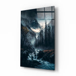 Dreamtopia glass wall art displayed above a walnut desk in a moody home office with brass sconces
