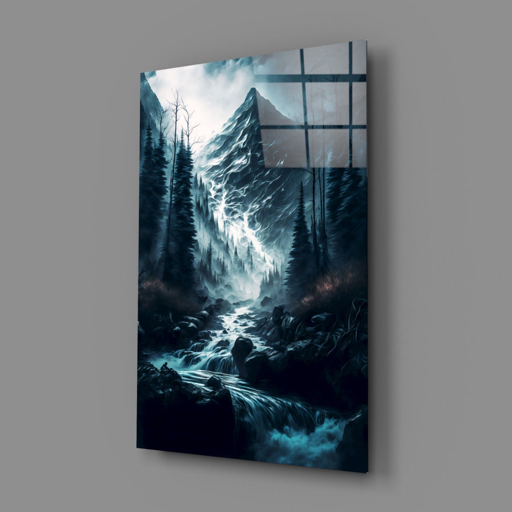 Atmospheric-landscape panel bringing frosted gravity to a contemporary office