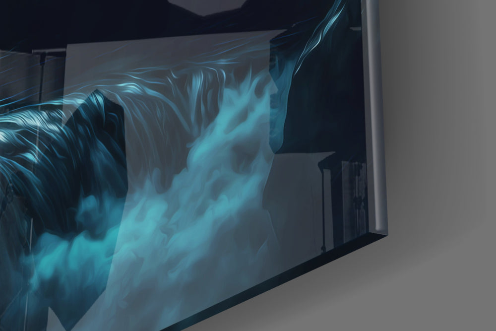 Dreamtopia artwork anchoring a wall with cool dramatic palette