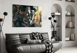 Nostalgic Scenes glass wall art styled above a walnut console in a hallway