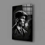 Noir-portrait panel bringing cold-steel gravity to a contemporary man cave