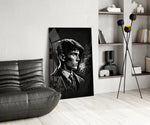 Thomas Shelby panel adding editorial drama to a whisky bar nook