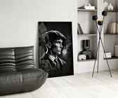 Thomas Shelby panel adding editorial drama to a whisky bar nook
