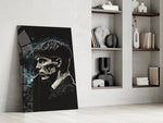 Thomas Shelby glass print enhancing a whisky bar nook with cinematic mood